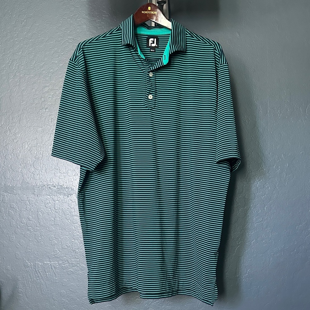 FootJoy Men's performance Polo Shirt - Black and Teal Stripes